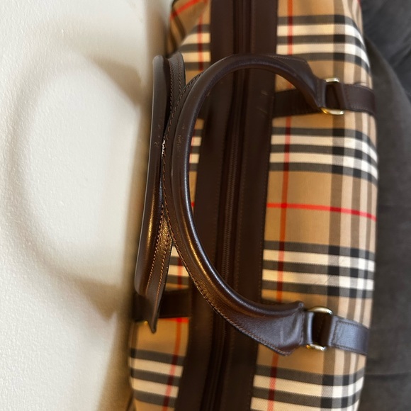 Burberry Haymarket Boston Tan Duffel with Brown Leather Trim 10H x 19W inches - Picture 5 of 15